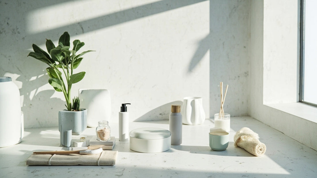 minimalist flat lay of everyday essentials on stone surface in soft light